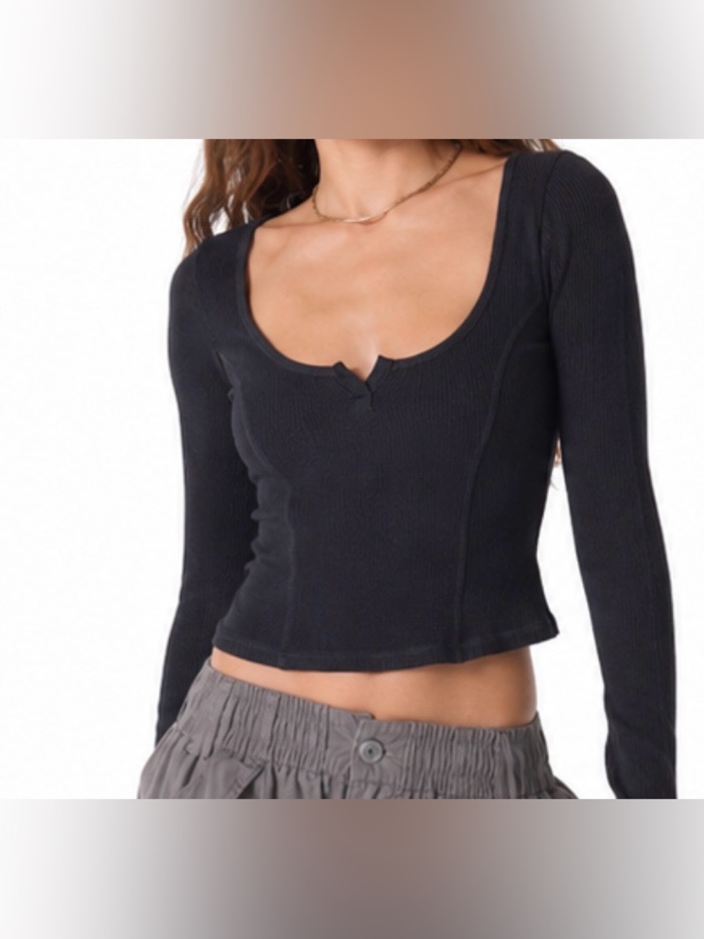 Out From Under Black Ribbed Corset Seam Long Sleeve Top